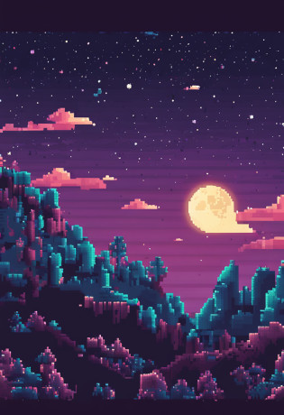 Pixel art of a huge moon in the dark, spoiled night sky, bela arte detalhada do pixel, pixel art detalhado, lo-fi retro videogame, Conceito PixelArt, arte detalhada do pixel, estilo pixel art, cidade de pixel, pixel art animation, pixel art de alta qualidade, starly sky, arte lowpoly cor super detalhada, com uma pequena fonte luz alaranjada no canto esquerdo, como se fosse uma fogueira #pixelarte:3, # pixelarte, #pixelarte
