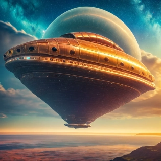 raw photo, spaceship shaped like a metallic airship, flying over a reddish sea, close to the surface, night, stars in the sky, high detail, 4k, cinematographic lighting, wide shot, fantasy, digital art, photo, best quality, high quality, highres, detail enhancement, 8k, hdr, sharp focus
