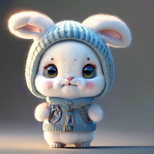 a white rabbit wearing a sweater and hat standing on a table, bonito 3 d render, arte digital bonito, cute anthropomorphic bunny, personagem bonito dos desenhos animados, painting digital adorable, arte digital detalhada bonito, fofo! c4d, personagem bonito, cute adorable, desenho animado bonito, animal bonito, adoravelmente fofo, cute and adorable, criatura fofa, cute and adorable