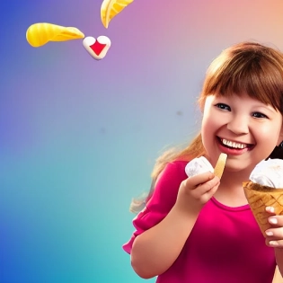 cute, adorable, smiling girl eating ice cream, candies flying all around her, Pixar, disnet, cinema lighting, gaming, 8k, magic, love --ar 2:3 --q 2 --v 5