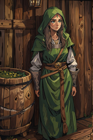 Uma bela mulher com olhos verdes e cabelos castanhos com roupas de cozinheira expressiva um olhar triste. A background with a dramatic wooden wall An art for an RPG A medieval art for an RPG