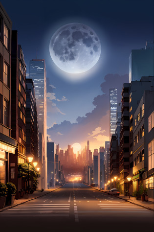 There is a city street?There is a full moon in the sky, city street on the moon, anime style cityscape, hd anime cityscape, Stylized urban fantasy artwork, beautiful cityscape, Surreal cityscape background, street moon landscape, fantasy cityscape, futuristic city street, night - time city background, night city in the background, city on the moon