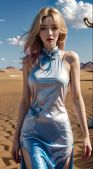 ((The background is a scene at noon:1.3)),((with blue sky and white clouds:1.3)),((Face lighting:1.3)),((Top quality, 8K, Masterpiece: 1.3)), Solo, 1 girl, Sexy,  Beautiful girl with accentuated slender abs: 1.4,?????, Detailed eyes, Double eyelids, self-shot, (body builder:0.8),,White cheongsam, gorgeous chinese models, Cheongsam, China Cheongsam, Chinese traditional, Chinese cheongsam costume,Without chest pads:1.2,Shiny cheongsam:1.5,(Shiny skin:1.2),(muscle arm:1.3),(muscle leg:1.3), (two tone color hair:1.5,Blonde hair:1.1,Pink hair:1.2),((Masterpiece)), ((High detail)), photography of?real photograph?1 Cheongsam Girl, wearing  cheongsam?silky cheongsam?silky cheongsam?((Ultra-detailed)),((Delicate face)), Beautiful detailed eyes, (high light,Gradient hair),Long hair, Floating hair, ,hairs�between�eyes, GSHead,1girll ,Solo,The eye,Genshin_impact,Look at the viewer, ((Distant view)), Strong light and shadow, Cinema lenses?tmasterpiece?Super quality? A desert?on cheongsam?Silk cheongsam?18yr old?Big eyes?entire character?cropped shoulders?show legs?Long legs?full bodyesbian?8K?Ultra-clear resolution?Ultra-fine painting?Flat desert?Distant horizon?Vast desert?Sand?Dressed in a flowing manner?Silky traditional oriental cheongsam?Decorated with intricate patterns and bright colors?Highlights her seductive silhouette?((The background is a large flat desert:1.5)),tmasterpiece?Ultra-realistic detailed painting?Epic fantasy digital art style?8K,wide wide shot?Diagonal composition?art of photography??Extremely refined and beautiful???tmasterpiece???best qualtiy?1.0????A high resolution?1.0??beautiful light up?perfect lightning bolt?realistic shaded?[A high resolution]?Delicate skin?ultra�-�detailed?Slim figure?Long legs?Beautiful Meticulous Girl, absurderes, unbelievable Ridiculous, hugefilesize, ultra�-�detailed, A high resolution, The is very detailed?best qualtiy?tmasterpiece?Need,((tmasterpiece)), (A detailed),Super delicate?Epic fantasy digital art style?The girl ha
