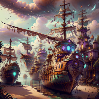 Computer visualized graphics, realistic fantasy, Extensive landscape ultrasound photography (general view, which shows a graveyard of ships, a ship covered with shells, sea moss, a huge wooden sailing ship, with decks, 4 decks, stern, hold, + a lot of sails, + bow, + tank, + stern, + ut + decks), rocks, mountains, many ships, ocean, morning, dawn, full moon, night sky, blurred background, warm, yellow, purple background, pink,  warm, magic, 