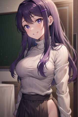 ddlcyuri, <lora:ddlcyuritest:1>,
ddlcyuri, hair ornament, hairclip, long hair, (purple eyes:1.1), purple hair, grin, smile, hair over eyes,
BREAK casual clothes, grey sweater, miniskirt, pants, ribbed sweater, skirt, sweater, turtleneck, turtleneck sweater,
BREAK looking at viewer,
BREAK indoors, classroom,
BREAK <lora:GoodHands-vanilla:1>, (masterpiece:1.2), best quality, high resolution, unity 8k wallpaper, (illustration:0.8), (beautiful detailed eyes:1.6), extremely detailed face, perfect lighting, extremely detailed CG, (perfect hands, perfect anatomy),