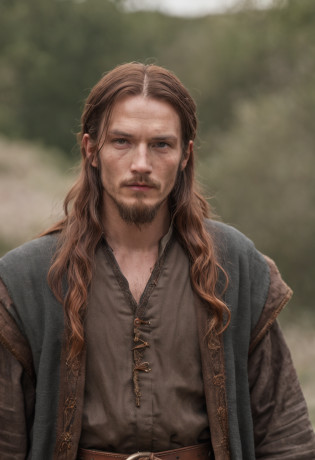 Portrait Photography, face shot of a mix between James H�bert and Ben Robson as a weathered 30 year-old man, ugly, hideous, strapping, wide shoulders, well-built, rugged, long copper rust-colored hair, hair tied in a loose ponytail, widow's peak, short but thick beard, medieval fantasy rebel leader clothes, confident expression, intense stare, in a hilly landscape, The colors are masterfully captured by Nikon D850 and a Nikon AF-S NIKKOR 70-200mm f/2.8E FL ED VR lens, Peter Jackson, fantasy, historical