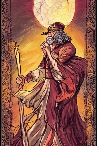the conductor tarot card, a mix between hierophant hermit magician fool, in the style of promethea from alan moore, holding a want, city lights in the background, standing, looking, 8K, high resolution