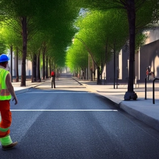 a white adult walks in the middle of the street with construction works behind him, in front of him the big city of ecologica. Hyper realistic. Colorful atmosphere. HD. 4K.