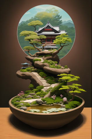 A close-up of a bowl?There is a bonsai tree inside, bonsai tree house, Made from bonsai, Bonsai tree, lush japanese landscape, inspired by T?shi Yoshida, Bonsai, himeji rivendell garden of eden, lush plants and bonsai trees, inspired by K?shir? Onchi, Galaxy Bonsai, inspired by Ry?hei Koiso