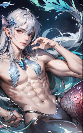 man, masculine, masculine face, attractive, muscular, (((1man))), masterpiece, absurdres, best quality ,intricate details , (shiny skin, shiny body, shiny oily luster skin, shiny hair, pale skintone), Sundown, attractive, ((muscular)), adult, one, earrings, Don't look at the view , Not looking at the view, silver hair, braided hair, perfect detailed face, perfect detailed hands, triton, fins, red eyes, triton ears, ((portait)), smirk, marine sea ornaments, open chest, ((mermaid tail)), no legs, under the sea, fishes, masculine features, masculine face, (((night))), moonlight, darkness, dark light