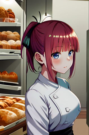 masterpiece, best quality, highres, nn1, nakano nino, 1girl, hair ribbon, short hair, ponytail, chef uniform, chef, white shirt, black skirt, bread,  medium breast,