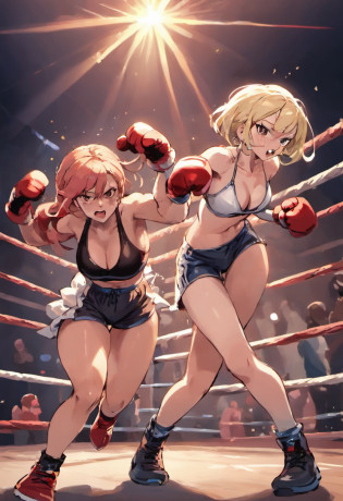 Mature female boxers?Two Women?sport bra and shorts?Boxing gloves?Boxing matches?waist line?Boxing ring on background?No audience?Do not put people in the background