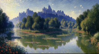 analogue style?ChromaV5?nvinkpunk????A detailed? CG ?? 8k ????Majestic river?Trees on both sides?small waterfalls?dense fog?award winning photography?color difference?A detailed?hdr?full bloom?Monet-style image?Pissarro and Sisley?Trends on ArtStation?Popular trends on CGSociety?The art of midjourney?Lodge?Smoke?flowingwater?Far Mountain