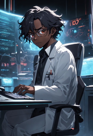 raw, wide angle, A man in a dark lab sitting in a chair in front of a futuristic computer screen wears glasses., Age 50,Reddish black skin, Black Hair, Wavy Hair,Shoulder-length hair,Tie me up.,Dark eye typography,Little beard,Black inner dress White lab coat, cyberpunk suit, Coffee mugs are placed on the table., The Hologram astronomical lab displays star data., hardware, Bright environment, Neon, ((cyberpunked))