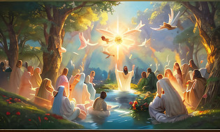 uma pintura de um grupo de pessoas sentadas em uma floresta, heaven!!!!!!!!, heaven on earth, beautiful image ever created, Explodindo com a Luz Santa, muitas pessoas adorando, background is celestial, godly and ethereal, holy spirit, epic biblical representation, reino divino dos deuses, biblical painting, imagens sagradas, pintura religiosa, beautiful depiction, bible illustration, Segunda vinda, catholic religious art