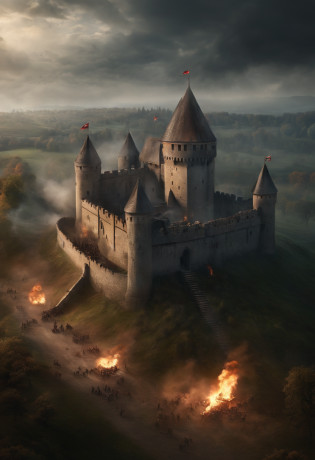 medieval battlefield, Seen from above, epic fights, Soldiers fighting with swords and shields, Flag fluttering in the wind, Gothic architecture, Impressive castle, Smoke and fire, cloudy ash sky, intense moment, Minute Details, Depressive Atmosphere.