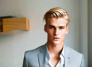 Blonde man in suit and white shirt looking at the camera, Long, backward-swept blonde hair, cabello rubio y liso, Modelo bien arreglado, Hombre rubio, Rubio y rasgos atractivos, chico rubio, guapo masculino, Cara atractiva y atractiva, Joven guapo, guapo y atractivo, hermoso joven, chico rubio, Cabello rubio limpio, Joven atractivo, inspirado por Adrian Zingg