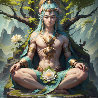 In the midst of the magnificent natural landscape, a geographical bodhisattva with his hands folded sits quietly on a lotus flower, radiating the light of compassion and wisdom.

The figure of the geographical bodhisattva is solemn and serene, with slender arms folded in front of his chest. His face is kind and dignified, and his eyes reveal endless wisdom and compassion, as if he is silently listening to the voice of the earth and all things.

The bodhisattva's posture is like a rising mountain between the sea of clouds, and his crown shows a touch of nobility and majesty through the clouds. His body is made up of clear water and a green forest that flows through his body and becomes part of his cassock. The cassock spreads out and flows like a waterfall, symbolizing the boundlessness of compassion.

Beneath the Bodhisattva of geography is a vast land of fertile land, crisscrossing rivers and rolling mountains. He sits on the earth as if he were the embodiment of the earth, transmitting the strength and stoic wisdom of Mother Earth.

The surrounding natural landscape blends in with the geographical bodhisattva. Mountains tower, flowers and plants bloom, trees flourish, birds chirping, and the sounds of nature intertwine to create an atmosphere of tranquility and peace.

The Bodhisattva of geography exudes the power of tolerance and acceptance, and he is the guardian of the earth and a symbol of wisdom. His folded hands are a tribute to the earth, as well as his blessing and compassion for all living beings.

In the vicinity of the Bodhisattva of Geography, people feel the warmth and comfort of the earth, and he brings the power of calm and tranquility. Standing in front of him, one cannot help but marvel at the wonder and power of nature, and at the same time inspire the responsibility to respect and protect the earth. --auto --s2