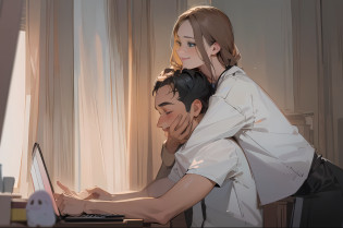 ((8k:1.27), top quality, masterpiece, ultra high definition: 1.2), woman hugging from behind, couple, ((19 year old cute woman hugging with a spoiled face)), ((25 year old handsome man being hugged)), big and happy couple, couple on bed, sparkling, smiling couple, laptop on lap, arms around neck, enjoying, charming, Digitally enhanced, unique design, very perfect position, in front of one computer, one PC