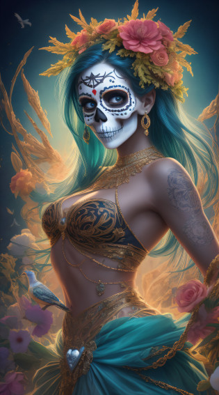 A magnificent sugar skull emerges in shades of heavenly blue, adorned with vibrant tattoos of celestial symbols and lush flowers. His forehead sports a ruby heart encrusted with shimmering diamonds, emanating an irresistible glow. A majestic wreath of miscellaneous flowers rests on his head, exuding divine fragrances.

The skull's empty eyes seem to fixate on a distant horizon as the blue sky stretches above it, flooded by the golden rays of the sun. A symphony of colorful birds draws arabesques in the air, enveloping the mystical figure of the skull in an aura of freedom and spirituality.

In the background, a dark and enigmatic garden reveals itself, with shadows and pale tones contrasting with the vibrant presence of the skull. Mysteries and secrets seem to echo through the silent corridors of this dark realm, waiting to be unraveled.

This exceptional depiction of the sugar skull transcends mere symbol and becomes a fascinating work of art. Every detail meticulously elaborated arouses curiosity and stirs the imagination, leading us to contemplate the duality between the ephemerality of life and the eternity of death.

An irresistible invitation to dive into a magical universe, where the ephemeral and the eternal intertwine in an enchanting dance, providing a unique and sweeping visual experience.