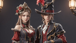 Anime characters standing side by side in costumes and hats, sakimichan and frank franzzeta, granblue fantasy, ffxiv heavensward, Detailed key anime art, high detailed official artwork, key art, Official artwork, 2. 5 D CGI anime fantasy artwork, final fantasy 14 style, artbook artwork, nixeu and sakimichan