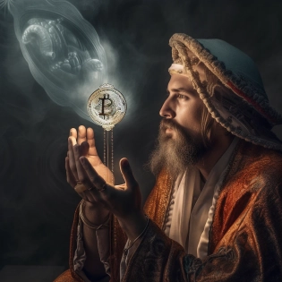 a bitcoin prophet worshipping bitcoin, futuristic high-tech spiritualism, photorealism --q 2 --v 5