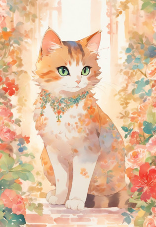 a cat in detailed watercolor, full body, ornamental, flora, arabesque, colorful, clipart, white background 50 --v 5.1 --s 2