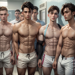 beautiful and young adult men, of different ethnicities, semi naked in a school only for Men, with firm pectorals, schoolboy man in school uniform, shorts and sexy underwear and a sports uniform, in the men's dressing room, men in the background, in the school showers school showers, school carpet, rich, erotic, sensual, lascivious masculine,  seductive, exciting, submissive, domineering, fearful, disturbing, perversely sexual, sexy, men only, romantic, moody, very detailed skin, skin pores, school dress, sunny weather, steam, showers,