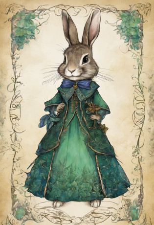 comi? style, painted in vivid watercolor, Bipedal rabbit, Roupas fofas, olhos verdes, branco, cinza, azul. amarelo, extremamente detalhado, altamente detalhado, obra prima, Fundo do conto de fadas, Wonderland, dynamic colours, Luz de conto de fadas, Directed by: Beatrix Potter, Susan Wheeler, Cristopher Denise e Jean-Baptiste Monge, UHD 32k