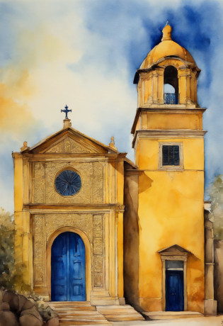 Capela amarela com porta azul, pintura de aquarela sobre uma textura, aquarela clara, aquarela aguada