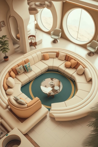 sunken living room conversation pit 70s, retrofuturism interior design, imaginary 3d dreamy 8k blender architecture render, neutral beige color scheme --ar 2:3 --q 2