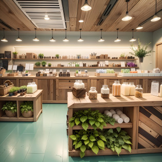 Certainly! Here's a description of a modern and spacious handmade soap shop:

The handmade soap shop is designed with a modern aesthetic, incorporating the calming colors of nature. The interior features wooden floors, which add warmth and a natural touch to the space. The lighting is provided by high-resolution LED lights, strategically placed to create a bright and inviting atmosphere.

Upon entering the shop, customers are greeted by a stylish reception area. The reception desk is made of natural wood, complementing the overall design theme. The walls are adorned with beautiful nature-inspired artwork, showcasing the essence of handmade soaps.

Towards the back of the shop, there is a designated workshop area. This area is well-equipped with a large worktable, where skilled artisans create their handmade soaps. Shelves are filled with various raw materials, such as essential oils, herbs, and botanical extracts, providing a glimpse into the soap-making process.

Adjacent to the workshop, there is a showcase area. It displays an array of beautifully crafted soaps, enticing customers with their vibrant colors, intricate patterns, and appealing scents. The showcase is thoughtfully arranged to showcase the different varieties and fragrance options available.

Throughout the shop, there are carefully placed plants and greenery, bringing a touch of nature indoors. The scent of essential oils lingers in the air, creating a refreshing and relaxing environment for customers to explore and enjoy.

This description provides a visual representation of a modern and spacious handmade soap shop. With these details in mind, you can work with a designer or use visualization tools to bring this concept to life. --auto --s2