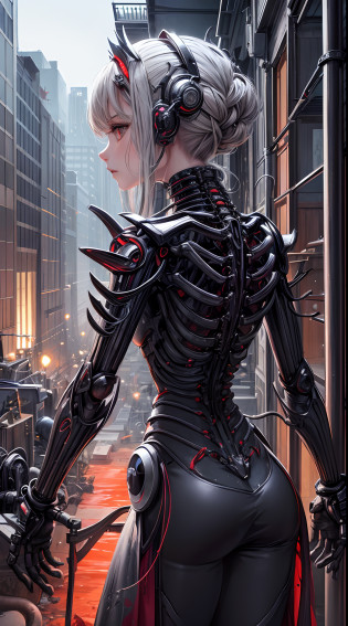 (((Masterpiece))), ((Best Quality)), (Super Detail), (CG Illustration), (Very Evil and Beautiful)), Cinematic Light, ((1 Mechanical Girl)), Single, (Mechanical Art: 1.4), ((Mechanical limb)), (Blood vessel attached to a tube), ((Mechanical spine attached to the back)), ((Mechanical cervical vertebrae attached to the neck), (Back to the viewer)), expressionless, (Wires and cables attached to the head and body: 1.5), Science Fiction, Apocalypse, Ruins, (Lower Body Integrated with Mechanical Devices), (Blood: 1.5), Cruelty, Absurdity, Eroticism, Fusion with Machines, Doomsday Time, Super Future, Inorganic, Laboratory, Restraint, (Beautiful Indulgence: 1.2), (1 Girl: 1.3), Body Wrapped Around Mechanical Tentacles