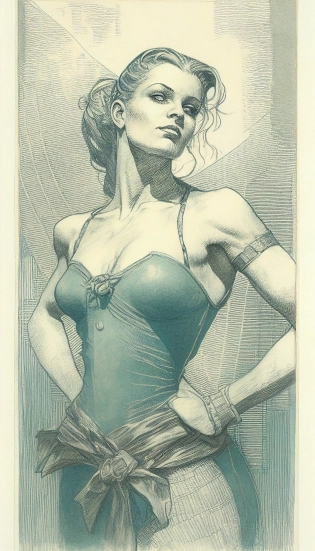 Intricate intaglio etching of a dominating woman ::5 The woman is exquisitely beautiful, slender, alluring. She looks down with assertive eyes, in a confident pose. She wears a skin tight latex bustier, very revealing, she is drawn in very minute detail in light blue and light green shades using fine line etchings. plaited lines pattern background ::4 The mood is sensuous, stimulating. ::3. three-quarter shot from below. colour lithography, engraving, light ink on cotton paper, ultra-fine lines. ::3 This an evocative representation of modern power figure done using traditional printing techniques used to print money, representing the easy sell of female power. ::2 --no mockup, bad anatomy, text, signature, watermark, username, low resolution, worst quality, low quality, jpeg artefacts, blurry, cropped, badly framed --ar 9:16 --c 10 --v 4 --seed 298763321