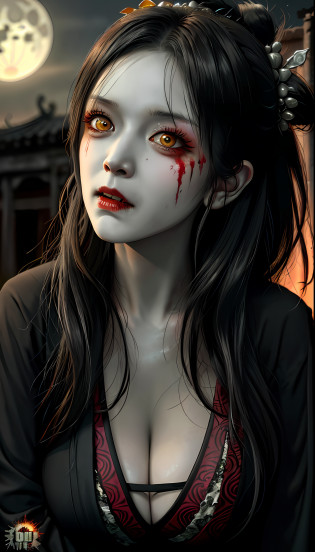 zombie girl, whole body, extremely rotten skin, skin fragments with yellow and scattered hair, empty eyes, terrifying facial expression, torn hanfu, tattered hanfu, night, desolate chinese street, full moon, empty eye sockets, vampire teeth, torn corners of the mouth, torn wounds, whole body blood, masterpiece, high resolution, best quality, super detail, intricate details, colorful, film composition, a close up of a woman with a bloody face, zombies apocalipsis, zombie with white eyes, in the walking dead, zombie, zombies, man mutating to zombie, zombie face, walking dead, the walking dead, zombie's, zombified, zombie in horror Concept Art, Evil Zombie, Hauntingly Beautiful Zombie, Zombies Attack, Big Tits, 36D, Big Boobs, Sexy, Buttocks, Hot, Big Breasts, Cleavage, Big Tits, Detailed