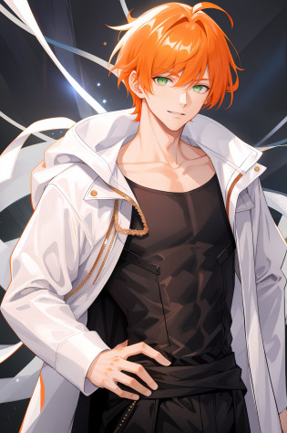 1 boy, handsome, orange hair, M bangs, comma hair, comma hair, white hooded coat, black underwear, white background, shiny, green eyes, smiling, looking at the audience, upper body, an orange haired handsome guy, unique comma hair, wearing black underwear and white hooded coat, standing on bright white background, his green eyes looking at the audience, crossed waist, his hands crossed waist, his hands on the waist, his hands on the waist, the action of crossing the waist