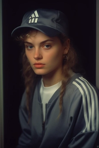 Representation of "Girl with a pearl earing" picture, Adidas style, sporty and rich, 80s, vintage photography --ar 2:3 --q 2