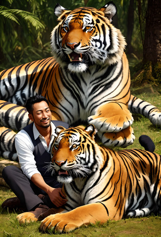 a man sitting on the ground next to a tiger, hunting a tiger, tigers, sacred tiger, ((tiger)), tiger, a tiger, wildlife preservation, squirrel/tiger, holding a rainbow tiger gem, tiger_beast, a wizard battling a tiger, tiger pelt, big cat, tiger stripes, dangerous & powerful creature, the tiger is smiling, lethal preservation
