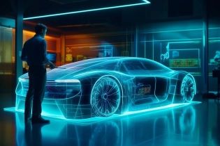 Hologram of a real size sports car projected image with laser in front of a car designer on a high technology laboratory room , 3D hologram, transparent, , beautifully-color code, clean sharp focus , unreal engine, octone render , ultra-detailed --ar 3:2 --v 5. 1