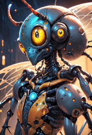 there is a very strange looking alien with glowing eyes, ant humanoid, insectoid, ant alien, ant humanoid mechanic, cyborg wasp, a humanoid mosquito, space insect android, steampunk robot ant, portrait of a alien insect, biopunk cyborg wasp, friendly humanoid insect robot, antasy character, metal and glowing eyes, human structure bee concept art