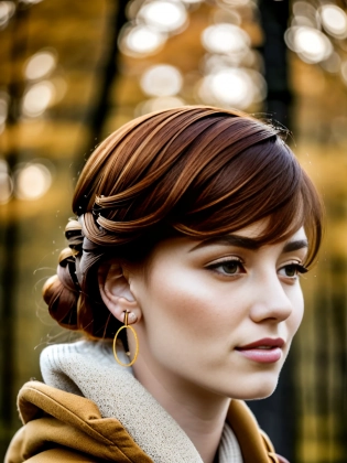 portrait, (mixed ayanajfalistasd15) Enigma, Average Height, Thin, Square Face, Tan Skin, Red Hair, Blue Eyes with Green Flecks, [[Curved Nose]], Thick Lips, Round Chin, Long Hair, Coarse Hair, Sleek Bun, soft breasts, Stud earrings, cherry, gloss lipstick, Parka with a sweater and thermal wear, sneezing, practical light, partly cloudy, backlight, Texture, Zoom In
