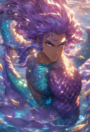 A mature male Chinese merman is depicted in anime style, with beautiful small aqua ear fin, fins on limbs, purple mermaid tail with purple long hair and purple eyes, wearing purple clothes, his right hand is holding a long golden spear