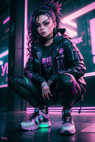 Un gros plan de Kristin Kreuk en tenue fluo, Ambiance cyberpunk, cyberpunk with neon lighting, Lueur cyberpunk brillante, Vibrations cyberpunk, Cyberpunk lighting, Style cyberpunk, neon cyberpunk style, dans le style cyberpunk, Look cyberpunk, dreamy cyberpunk girl, Photo Cyberpunk, neon cyberpunk, cyberpunk aesthetics, Cyberpunk Streetwear, Cyberpunk aesthetic, Style artistique cyberpunk, Porter du streetwear cyberpunk,veste, Doigts parfaits,Couleur de cheveux Neaon, detail texture, Hair detail,Pantalon long noir fluo, beau visage,wavy hair,Neon black shoes detailed,