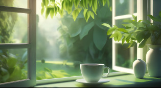 There is a cup of coffee on the windowsill next to the vase, morning atmosphere, summer morning light, natural window lighting, radiant morning light, morning time, Soft morning light, early morning mood, morning coffee, natural light outside, rendered image, Morning, assam tea garden background, In the morning, in the morning light, artistation render, afternoon sunlight?freshen?Eye protection?hyper HD