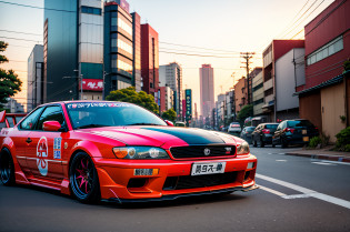 Tokyo Soda,drift car,tokyo city sunset,gibli style