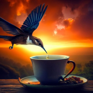 portrait of morning coffee, epic sunrise, a hummingbird hovering around a fresh cup of coffee by peter mohrbacher, allen williams, wayne barlowe, boris vallejo, aaron horkey, gaston bussiere