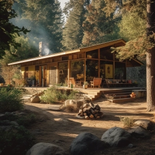 hyper realistic exterior photo of a mid-century off grid cabin, shallow pitched roof, large windows, wrap around patio with outdoor furniture, natural materials integrated into the nature daylight, AD magazine, Charles and Ray Eames