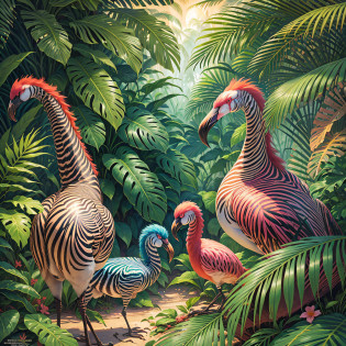 zebras and flamingos dancing hula, Hawaiian, ultra realistic, tropical forest, hyper realistic, surrealist, jungle, wet foliage, lush palm trees, beautiful and super detailed colorful flowers, tropical birds, spectacular sunset, illustration with richness of detail, altissima quality, highly detailed painting, 8k, cinematic, by Susan Heidi, tropical paradise, by David B. Mattingly, by Wayne England, by Joe Jusko,  amazing background, tropical birds, wildlife illustration, by Richard Mayhew, by Ron Walotsky, hildebrandt, full of fauna, tropical atmosphere --auto --s2