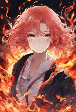 1girl, long curly redhair, white skin, caos magic, jujutsu kaisen uniform, fire rose powers, cursed city, agressive look, fire, dark, epic scene, fire powers, cursed monsters