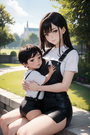 young boy with overall sitting on his mom's lap, outdoor, mom wears black shorts, the mom has big medium thighs, shiny skin